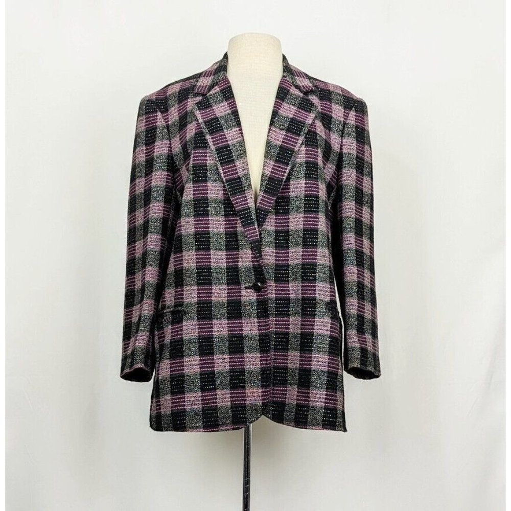 Vintage 90s Jacket Black Gray Pink Silver Plaid Academia Blazer Women's Size 14